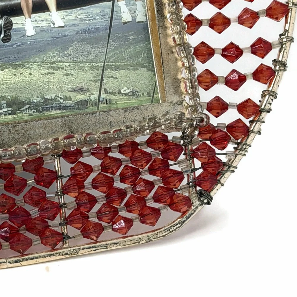 Vintage Purse Red Beaded Gold Tone Metal Picture Frame